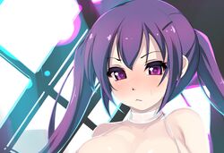  1girl :&lt; bare_shoulders bikini blush breasts choker commentary_request embarrassed gochuumon_wa_usagi_desu_ka? indoors large_breasts looking_at_viewer purple_hair rei_no_pool shiki_(psychedelic_g2) solo sweatdrop swimsuit tedeza_rize twintails upper_body violet_eyes white_bikini white_choker 