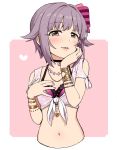  1girl bangs bikini_top bow bracelet breasts brown_eyes chin_rest choker eyebrows_visible_through_hair hair_bow hair_intakes half-closed_eyes hand_on_own_chest hand_on_own_face heart_pendant idolmaster idolmaster_cinderella_girls idolmaster_cinderella_girls_starlight_stage jewelry koshimizu_sachiko lavender_hair lips looking_at_viewer midriff nail_polish navel necklace omaru_gyuunyuu pink_background pink_nails shirt short_hair shoulder_cutout small_breasts solo striped striped_bow tied_shirt upper_body 