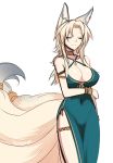  1girl animal_ears bare_shoulders blonde_hair blue_dress bracelet breasts cleavage closed_eyes collar commentary_request covered_navel dress fox_ears fox_tail jewelry konshin large_breasts legband multiple_tails original side_slit simple_background sleeveless sleeveless_dress smile solo tail white_background 