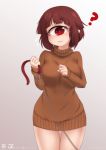  1girl ? borrowed_character breasts brown_hair brown_sweater character_name clenched_hand collar cyclops grey_background hands_up highres large_breasts leash meiryo_(horizon) one-eyed red_eyes short_hair simple_background solo standing sweater thigh_gap thighs twitter_username 