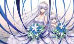  2girls :d azur_lane bangs bare_shoulders belchan_(azur_lane) belfast_(azur_lane) blue_flower blue_ribbon blue_rose blush bouquet braid breasts bride cleavage closed_mouth collarbone commentary_request dress earrings eyebrows_visible_through_hair flower hair_between_eyes hair_ribbon head_tilt highres holding holding_bouquet jewelry large_breasts multiple_girls one_side_up open_mouth outstretched_arms ribbon rose silver_hair smile strapless strapless_dress tamashii_yuu tiara upper_teeth violet_eyes wedding_dress white_dress white_flower younger 