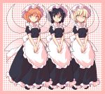  3girls apron bangs black_eyes black_hair blonde_hair blunt_bangs border dairi eyebrows_visible_through_hair fairy_maid fairy_wings frilled_apron frilled_skirt frills frown full_body glasses hands_together hat head_tilt looking_at_viewer maid mob_cap multiple_girls open_mouth parted_bangs pink_background pink_border polka_dot polka_dot_background puffy_short_sleeves puffy_sleeves red_eyes redhead rimless_eyewear short_sleeves silent_sinner_in_blue skirt smile standing touhou transparent_wings v_arms waist_apron wings yellow_eyes 