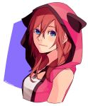  1girl bangs bare_shoulders blue_eyes closed_mouth hair_between_eyes hood kairi_(kingdom_hearts) kingdom_hearts kingdom_hearts_iii medium_hair motu0505 redhead sleeveless smile solo twitter_username upper_body 