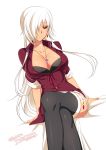  1girl black_bra black_legwear bra breasts closed_mouth dated dress hair_over_one_eye jewelry konshin large_breasts legs_crossed long_hair necklace one_eye_covered original red_dress signature simple_background sitting sleeves_past_wrists smile solo thigh-highs underwear white_background 