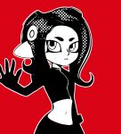  1girl greyscale highres looking_at_viewer midriff monochrome murasaki_saki navel octoling outline parted_lips red_background simple_background skirt solo splatoon splatoon_2 standing tentacle_hair white_outline 