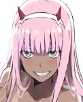  1girl :d alternate_skin_color bangs blush collarbone commentary_request dark_skin darling_in_the_franxx eyeshadow green_eyes hairband horns long_hair looking_at_viewer makeup nude open_mouth pink_hair simple_background smile solo tonee upper_body white_background zero_two_(darling_in_the_franxx) 