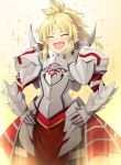  1girl ^_^ armor artist_name blonde_hair blush braid closed_eyes cowboy_shot fang fate/apocrypha fate/grand_order fate_(series) french_braid hands_on_hips laughing long_hair mordred_(fate) mordred_(fate)_(all) ponytail solo sparkle twitter_username tyone 