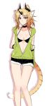  1girl animal_ears arm_behind_back bare_legs bikini black_bikini black_choker blonde_hair blue_eyes breasts choker closed_mouth commentary_request dated drop_shadow feet_out_of_frame green_jacket horn jacket konshin looking_at_viewer medium_breasts navel original ponytail signature simple_background sleeveless_jacket solo swimsuit tail thigh_gap white_background 