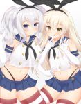 2girls :q absurdres black_hairband blonde_hair blue_eyes blue_skirt blush breasts closed_mouth commentary_request cosplay elbow_gloves gloves grey_background hairband highres horizontal-striped_legwear horizontal_stripes index_finger_raised kantai_collection kashima_(kantai_collection) long_hair looking_at_viewer multiple_girls navel rokita shimakaze_(kantai_collection) shimakaze_(kantai_collection)_(cosplay) short_hair silver_hair simple_background skirt smile striped striped_legwear thigh-highs tongue tongue_out twintails white_gloves yellow_eyes 