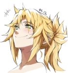  +++ 1girl bangs blonde_hair blush closed_mouth commentary_request dated fate/grand_order fate_(series) green_eyes happy mordred_(fate) mordred_(fate)_(all) nude ponytail smile solo tonee white_background 