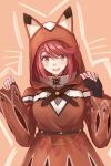  1girl :d animal_hood belt black_gloves blush cloak commentary earrings english_commentary fingerless_gloves fingernails gloves hands_up highres pyra_(xenoblade) hood hooded_cloak jewelry long_hair long_sleeves looking_at_viewer nail_polish open_mouth pink_background red_eyes redhead redpoke short_hair sleeves_past_wrists smile solo upper_body white_nails xenoblade_(series) xenoblade_2 