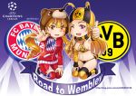  2girls :d ;d bikini blonde_hair blush borussia_dortmund breasts commentary drill_hair fc_bayern_munchen ge_xi large_breasts long_hair looking_at_viewer midriff multiple_girls navel one_eye_closed open_mouth personification puma_ag scarf smile stomach swimsuit uefa_champions_league violet_eyes yellow_eyes 