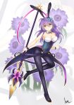  1girl anemone_(flower_knight_girl) animal_ears blue_eyes blush breasts bunny_girl bunnysuit easter flower flower_knight_girl hair_flower hair_ornament hairclip kimukimu long_hair looking_at_viewer polearm purple_hair rabbit_ears solo spear thigh-highs violet_eyes weapon 