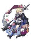  1boy belt black_cape black_footwear black_shorts blonde_hair boots box cape crown full_body holding holding_weapon ikeuchi_tanuma looking_at_viewer male_focus open_mouth original scarf shirt short_shorts shorts simple_background sketch solo violet_eyes weapon white_background white_shirt 