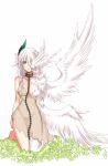  1girl asymmetrical_wings bare_arms bare_shoulders barefoot breasts chains closed_mouth collar commentary_request grass green_eyes horns kneeling konshin large_breasts long_hair looking_at_viewer metal_collar multiple_wings original robe simple_background white_background white_hair wings 