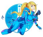  1girl artist_name ass blonde_hair blue_eyes bodysuit breasts cropped_legs erica_june_lahaie gun high_heels large_breasts looking_at_viewer metroid metroid_(creature) parted_lips patreon_username ponytail samus_aran silhouette simple_background smile solo thick_thighs thighs toned watermark weapon web_address zero_suit 