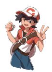  1boy ;d backpack bag baseball_cap black_hair hat holding holding_poke_ball looking_at_viewer male_focus male_protagonist_(pokemon_lgpe) multicolored multicolored_clothes one_eye_closed open_mouth poke_ball poke_ball_(generic) pokemon pokemon_(game) pokemon_lgpe rine_(rkgki) sketch smile solo v 