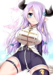  1girl arms_behind_back bare_shoulders belt blue_eyes blush breasts commentary_request draph elbow_gloves female gloves granblue_fantasy hair_ornament hair_over_one_eye horns huge_breasts lavender_hair long_hair looking_at_viewer narmaya_(granblue_fantasy) pointy_ears semikichi sitting smile solo thigh_strap 