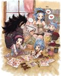  2boys 3girls :d black_hair black_shirt black_shorts blue_hair blush bookshelf breasts brown_legwear brown_nails brown_pants brown_shorts cleavage detached_sleeves eye_contact fairy_tail fang gajeel_redfox grey_legwear grin hand_on_another&#039;s_head headband heart holding holding_pen indian_style indoors levy_mcgarden long_hair looking_at_another multiple_boys multiple_girls nail_polish open_mouth overalls pantherlily pants pantyhose pen rusky shirt short_shorts short_sleeves shorts signature sitting sketch sketchbook sketching sleeveless small_breasts smile striped striped_shirt thigh-highs vertical-striped_shirt vertical_stripes very_long_hair white_legwear window wooden_floor zettai_ryouiki 