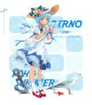 1girl alternate_costume anchor animal bag bird blue_bow blue_eyes blue_hair blue_nails blue_neckwear blue_ribbon blue_wings blush bow character_name cirno commentary contemporary dress ekita_xuan english english_commentary eyebrows_visible_through_hair flower food full_body hair_flower hair_ornament handbag hat hat_bow highres holding holding_food ice ice_wings kneehighs leaf mary_janes nail_polish neck_ribbon petticoat pink_flower puffy_short_sleeves puffy_sleeves red_footwear ribbon rope seagull see-through shaved_ice shell shoes short_hair short_sleeves solo standing starfish sun_hat tan tanned_cirno touhou translated white_background white_dress white_legwear wing_collar wings wrist_ribbon yellow_flower 