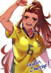  1girl 2018_fifa_world_cup adidas breasts brigitte_(overwatch) brown_eyes brown_hair commentary freckles highres jersey long_hair looking_at_viewer lulu-chan92 medium_breasts open_mouth overwatch ponytail shirt sidelocks smile soccer soccer_uniform solo sportswear sweden swedish_flag world_cup yellow_shirt 