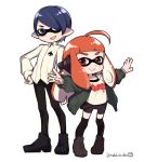  1boy 1girl ahoge blue_hair commentary_request do_m_kaeru domino_mask fleur_de_lis fur_collar headphones inkling jacket kitagawa_yuusuke mask orange_hair persona persona_5 pointy_ears sakura_futaba shorts splatoon tentacle_hair thigh-highs 