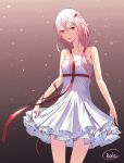  1girl absurdres bare_shoulders breasts collarbone commentary_request cowboy_shot dress frilled_dress frills guilty_crown highres long_hair looking_at_viewer open_mouth pink_hair red_eyes skirt_hold small_breasts solo spaghetti_strap twintails white_dress yuzuriha_inori 