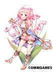  1girl :o black_choker black_gloves bloomers boots bow choker flower flower_knight_girl full_body gloves hanai_(flower_knight_girl) holding holding_weapon knee_boots looking_at_viewer navel object_namesake official_art pink_bloomers pink_bow pink_eyes pink_hair short_hair short_twintails shouni_(sato3) solo staff standing thighlet twintails underwear weapon white_background 