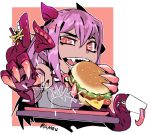  1girl anger_vein artist_name claws commission discord_username dragon_girl dragon_horns eating extra_mouth fangs food french_fries gold_teeth hamburger head_fins heart holding horns jabberwock_(monster_girl_encyclopedia) long_hair looking_at_viewer monster_girl_encyclopedia open_mouth orange_background ponytail purple_hair ramenwarwok red_eyes signature simple_background solo tentacle tray upper_body 
