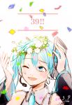  1girl 39 2018 ;d blue_eyes blue_hair commentary confetti dated detached_sleeves eyebrows_visible_through_hair flower grey_shirt hands_up happy hatsune_miku head_wreath highres looking_up necktie number one_eye_closed open_mouth shirt simple_background sleeveless sleeveless_shirt smile solo_focus twintails vocaloid white_background white_flower 