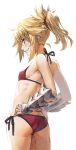  armor bikini blonde_hair blush fate/apocrypha fate_(series) green_eyes highres mordred_(fate)_(all) mordred_(swimsuit_rider)_(fate) ponytail red_bikini side-tie_bikini simple_background swimsuit tonee 