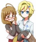  2girls black_legwear black_sweater blonde_hair blue_eyes blue_hairclip brown_eyes brown_hair brown_skirt caron_(lady_jewelpet) commentary_request glasses hair_ornament hairclip jewelpet_(series) komedaisuki lady_jewelpet mizuki_(lady_jewelpet) multiple_girls red-framed_eyewear shirt short_hair skirt sweater thigh-highs vest white_shirt white_vest 