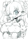  1girl :d bare_shoulders breasts cleavage commentary_request detached_collar disgaea fang greyscale hair_over_one_eye highres large_breasts long_sleeves maid maid_(disgaea) makai_senki_disgaea_5 monochrome open_mouth pointy_ears smile solo twintails upper_body wide-eyed zankuro 