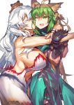  1girl ahoge animal_ears armpits artemis_(fate/grand_order) atalanta_(fate) bare_arms bare_shoulders breast_press breasts cat_ears cat_tail cheek_kiss dress fate/grand_order fate_(series) gradient_hair green_dress green_eyes green_hair highres holding_arms hug huge_breasts kiss long_hair melon22 multicolored_hair navel_cutout one_eye_closed open_mouth orion_(fate/grand_order) stuffed_animal stuffed_toy sweatdrop tail teddy_bear two-tone_hair white_hair 