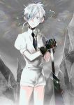  1other absurdres androgynous antarcticite blue_eyes colored_eyelashes gem_uniform_(houseki_no_kuni) gloves glowing glowing_hair grey_background hair_over_one_eye highres houseki_no_kuni long_bangs necktie serious short_hair silver_hair solo sparkle sword weapon white_hair 