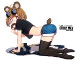  1girl ahoge all_fours animal_ears ass bear_ears bear_tail black_legwear breasts brown_hair character_name crop_top denim denim_shorts doughnut eating eyebrows_visible_through_hair eyewear_on_head food from_side full_body girls_frontline grizzly_mkv grizzly_mkv_(girls_frontline) gun highres jacket jacket_removed looking_at_viewer mouth_hold narynn see-through_silhouette short_hair short_shorts shorts small_breasts solo tail tan thigh-highs violet_eyes weapon younger 
