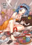  1girl barefoot black_ribbon blue_hair blush book breasts brown_eyes character_name character_pillow cleavage collarbone detached_sleeves dress fairy_tail flower hair_flower hair_ornament headband jewelry levy_mcgarden long_hair medium_breasts nail_polish naked_ribbon necklace open_book orange_dress pantherlily pink_nails red_flower red_ribbon ribbon rusky short_dress signature sitting sleeveless sleeveless_dress smile solo 