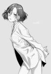  1girl amg_(nwmnmllf) breast_pocket character_name collared_shirt commentary_request grey_background greyscale leaning_forward long_sleeves mila_babicheva monochrome naked_shirt parted_lips pocket shirt short_hair signature simple_background solo yuri!!!_on_ice 