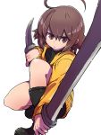  1girl :/ ahoge bangs black_footwear boots brown_eyes brown_hair closed_mouth dual_wielding eyebrows_visible_through_hair eyes_visible_through_hair hair_between_eyes highres holding holding_knife holding_sword holding_weapon huge_ahoge jacket knife linne looking_at_viewer moyamu one_knee short_hair simple_background solo sword turtleneck under_night_in-birth v-shaped_eyebrows weapon white_background yellow_jacket 