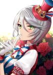  1girl blush bow bowtie eyebrows_visible_through_hair flower from_side gambe gloves green_eyes green_vest grey_hair hair_between_eyes hand_up hat index_finger_raised looking_at_viewer looking_to_the_side mini_hat parted_lips pripara puffy_short_sleeves puffy_sleeves red_flower red_rose rose shikyouin_hibiki shirt short_hair short_sleeves solo top_hat upper_body vest white_gloves white_shirt 