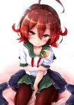  1girl between_legs breasts brown_eyes brown_legwear crescent crescent_hair_ornament crescent_moon_pin gradient_hair green_skirt hair_ornament highres jacket jacket_removed kantai_collection long_sleeves looking_at_viewer multicolored_hair mutsuki_(kantai_collection) neckerchief nyafu_(moai_lion) pantyhose pleated_skirt redhead remodel_(kantai_collection) school_uniform serafuku short_hair short_sleeves sitting skirt small_breasts smile solo wariza 