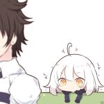  1boy 1girl ahoge bangs beni_shake black_jacket blush_stickers brown_hair chaldea_uniform chibi closed_mouth collared_jacket commentary_request eyebrows_visible_through_hair fate/apocrypha fate/grand_order fate_(series) fujimaru_ritsuka_(male) fur-trimmed_jacket fur-trimmed_sleeves fur_trim hair_between_eyes jacket jeanne_d&#039;arc_(alter)_(fate) jeanne_d&#039;arc_(fate)_(all) long_sleeves looking_at_another looking_away orange_eyes simple_background solo_focus uniform white_background white_hair white_jacket wicked_dragon_witch_ver._shinjuku_1999 