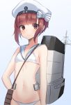  1girl bikini brown_eyes brown_hair clothes_writing flat_chest gradient gradient_background hat highres kantai_collection machinery mizuki_eiru_(akagi_kurage) sailor_bikini sailor_collar sailor_hat short_hair solo swimsuit white_background white_bikini white_hat white_sailor_collar z3_max_schultz_(kantai_collection) 