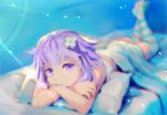  1girl bed blurry blurry_background d-pad d-pad_hair_ornament depth_of_field hair_ornament looking_at_viewer neptune_(choujigen_game_neptune) neptune_(series) purple_hair segamark short_hair smile solo striped striped_legwear thigh-highs violet_eyes 