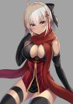  1girl ahoge black_gloves black_legwear blush bow breasts cleavage cleavage_cutout dark_skin elbow_gloves fate/grand_order fate_(series) gloves grey_background hair_bow hair_ornament harimoji large_breasts looking_at_viewer okita_souji_alter_(fate) red_scarf scarf short_hair simple_background solo thigh-highs white_hair yellow_eyes 
