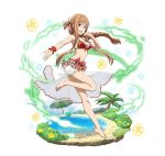  1girl :d asuna_(sao) ball bangs barefoot beachball bikini braid breasts brown_eyes brown_hair cleavage faux_figurine floating_hair flower frilled_bikini_top hair_between_eyes long_hair looking_at_viewer medium_breasts official_art one_leg_raised open_mouth outstretched_arm palm_tree ponytail red_bikini sideboob sidelocks simple_background single_braid smile solo standing standing_on_one_leg swimsuit sword_art_online sword_art_online:_code_register tree very_long_hair white_background wrist_cuffs yellow_flower 