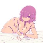  1girl bare_shoulders bikini breasts chan_co cleavage collarbone eyebrows_visible_through_hair fate/grand_order fate_(series) hair_over_one_eye large_breasts looking_at_viewer lying mash_kyrielight on_side open_mouth purple_hair short_hair simple_background solo strap_slip swimsuit violet_eyes white_background white_bikini 