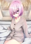  1girl :d bed breasts building buttons cardigan city cleavage collared_shirt fate/grand_order fate_(series) glasses hair_over_one_eye highres indoors long_sleeves looking_at_viewer mash_kyrielight naked_coat nekobaka night one_eye_covered open_mouth pink_eyes pink_hair shirt short_hair signature sitting skyscraper sleeves_past_wrists smile solo window wing_collar 