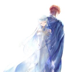  1boy 1girl armor blue_eyes blue_hair cape dress eliwood_(fire_emblem) fire_emblem fire_emblem:_rekka_no_ken gloves headband kuzumosu long_hair mamkute ninian redhead short_hair simple_background smile 