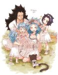  2boys 3girls :d anklet bare_shoulders black_hair blue_hair breasts brown_eyes cleavage closed_eyes crossed_arms detached_sleeves dress fairy_tail flower gajeel_redfox hair_flower hair_ornament head_tilt head_wreath indian_style jewelry kneeling levy_mcgarden long_hair mother&#039;s_day multiple_boys multiple_girls nose_piercing open_mouth pantherlily pants piercing pink_flower pink_rose rose rusky scar shirt short_dress short_sleeves simple_background sitting sleeveless sleeveless_dress small_breasts smile standing sundress very_long_hair white_background white_dress white_pants white_shirt 